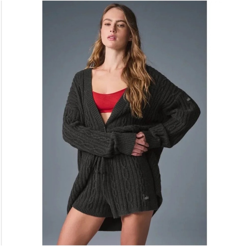 Alo Yoga Womens Gray‎ Cable Knit Button Front Oversized Cardigan Sweater Boho